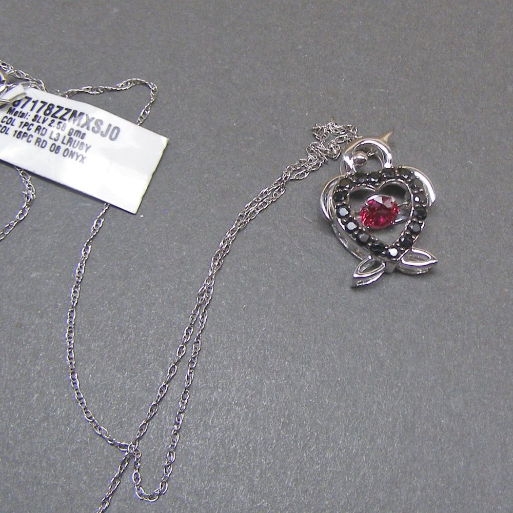 Sterling Slvr Ruby CZ Heart Bird Penguin Necklace